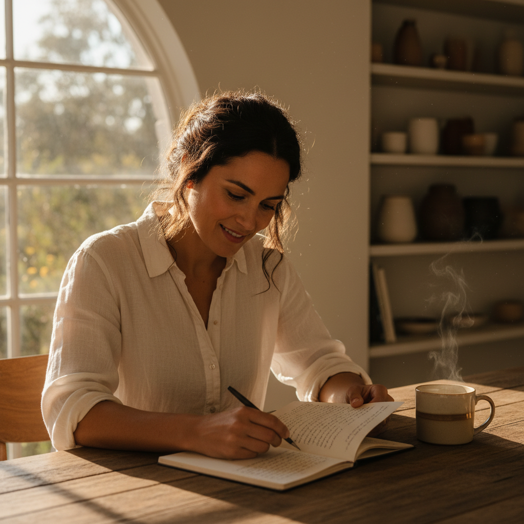 A business owner working at a sunlit table.